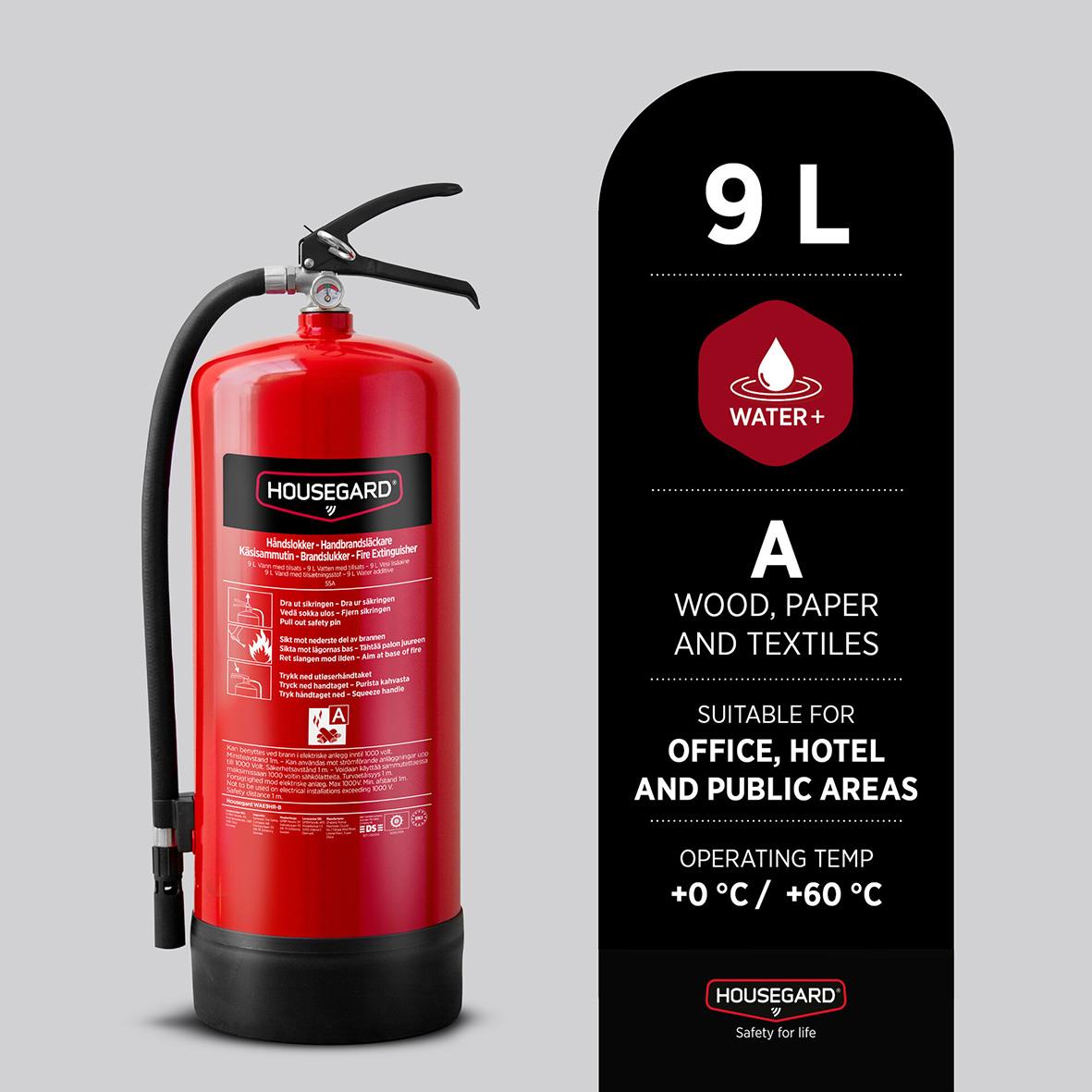 Röd brandsläckare Housegard Vatten PFAS-fri 55A 9L för kontor, hotell och offentliga platser