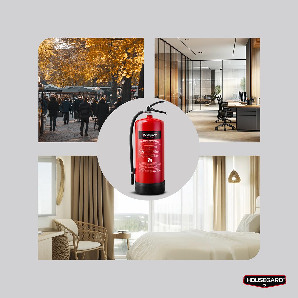 Brandsläckare Housegard Vatten PFAS-fri 55A Röd 9L placerad i mitten av tre olika miljöer: utomhus, kontor och sovrum
