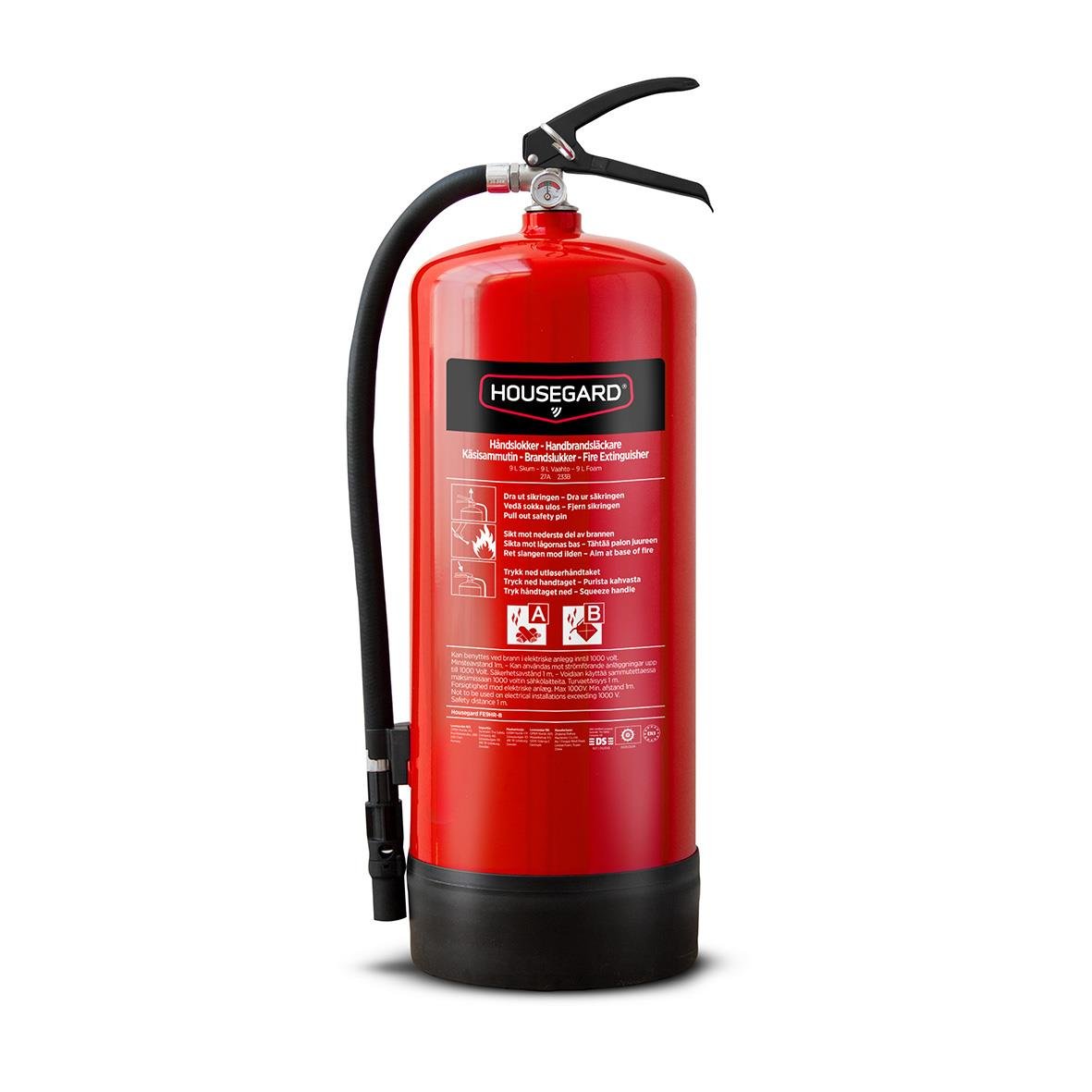 Röd brandsläckare Housegard Skum PFAS-fri 27A 233B 9L