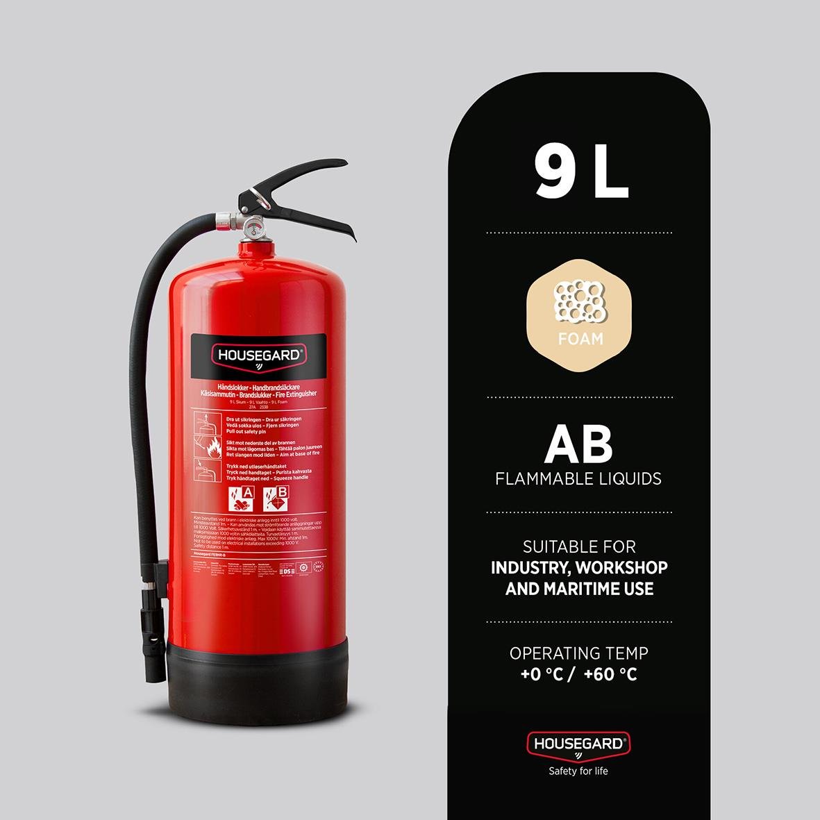 Röd brandsläckare Housegard Skum PFAS-fri 9L med handtag och slang