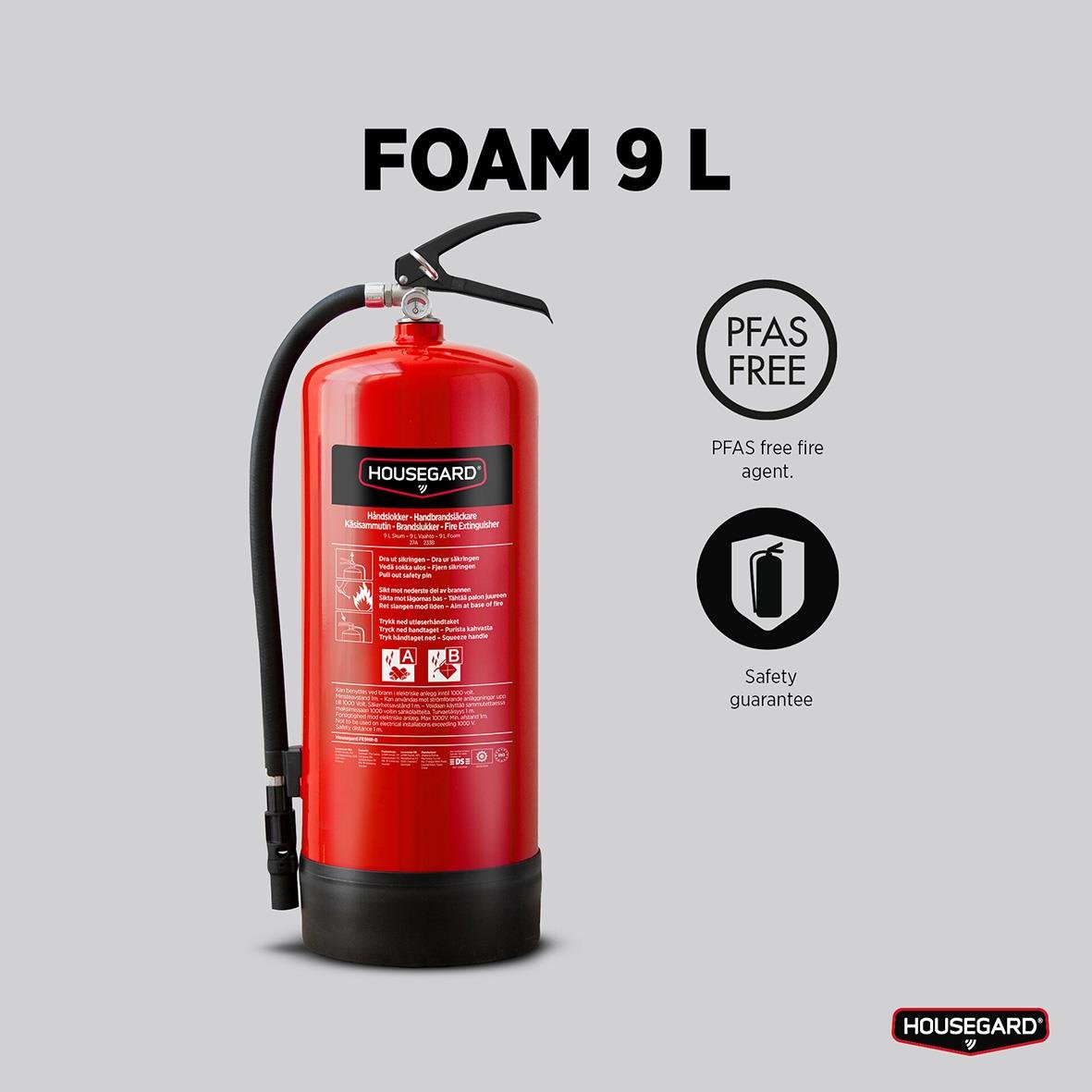 Röd brandsläckare Housegard Skum PFAS-fri 27A 233B 9L med handtag och slang