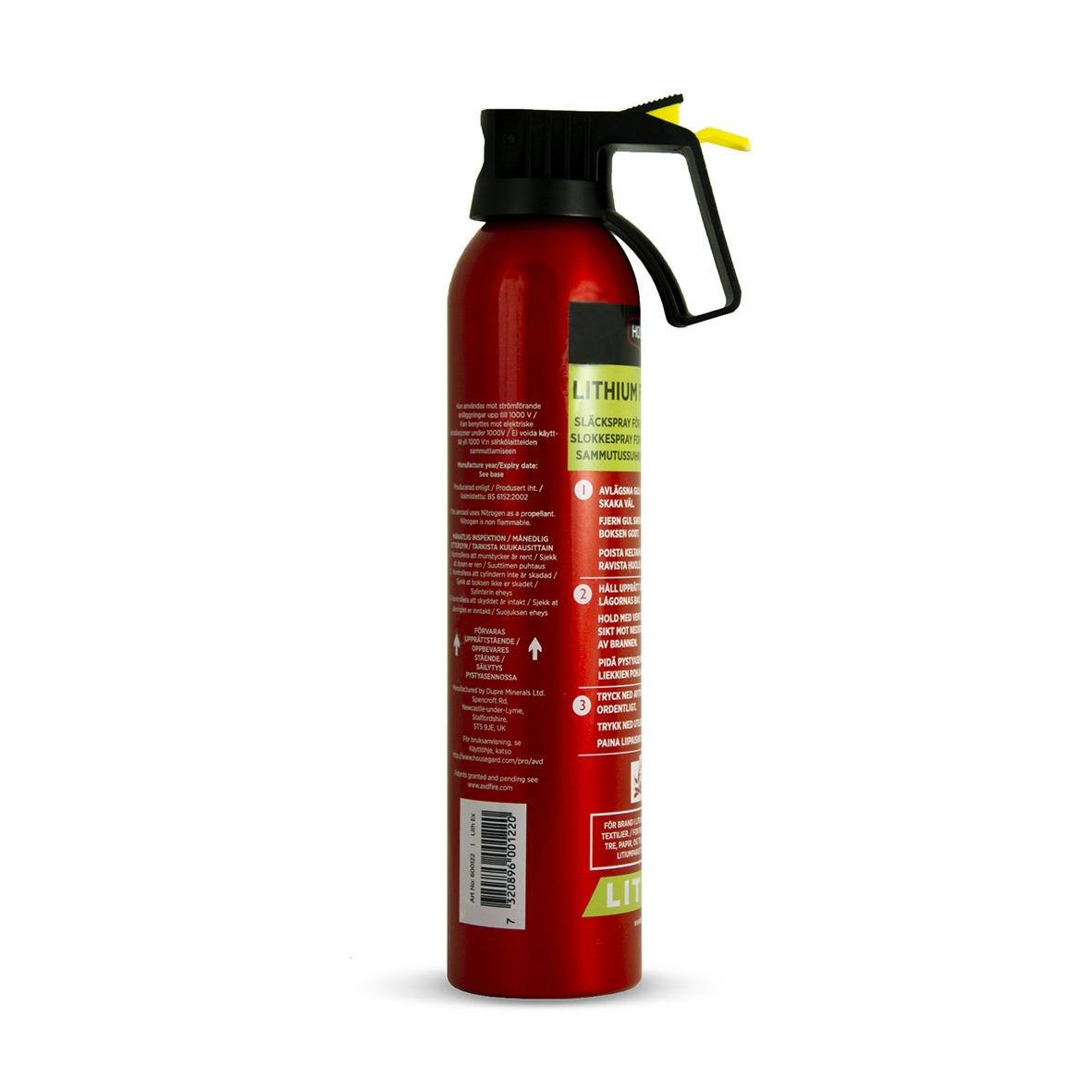 Röd släckspray Housegard AVD Lith-EX 500ml med svart handtag och sprayhuvud
