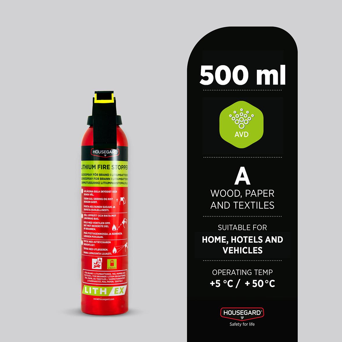 Släckspray Housegard AVD Lith-EX 500ml för brandbekämpning på trä, papper och textilier, lämpad för hem, hotell och fordon