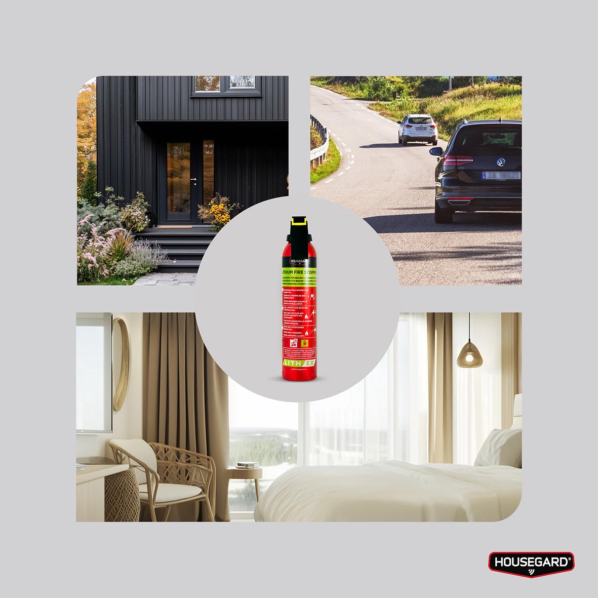 Släckspray Housegard AVD Lith-EX 500ml i mitten, omgiven av bilder på hus, bilar och ett sovrum