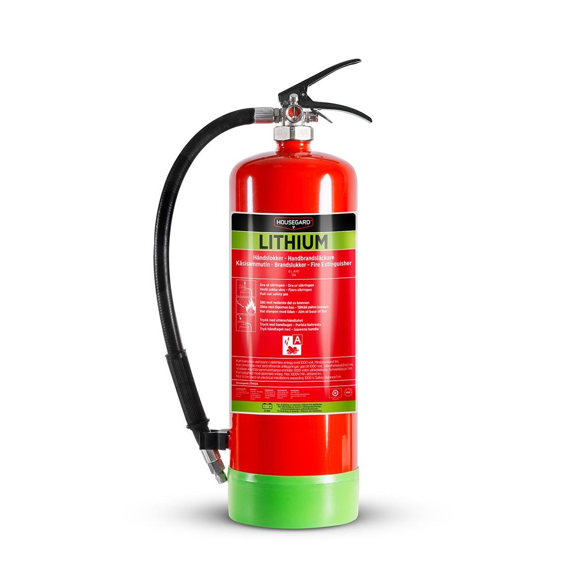 Röd brandsläckare Housegard AVD Lith-EX 6L med svart slang och handtag