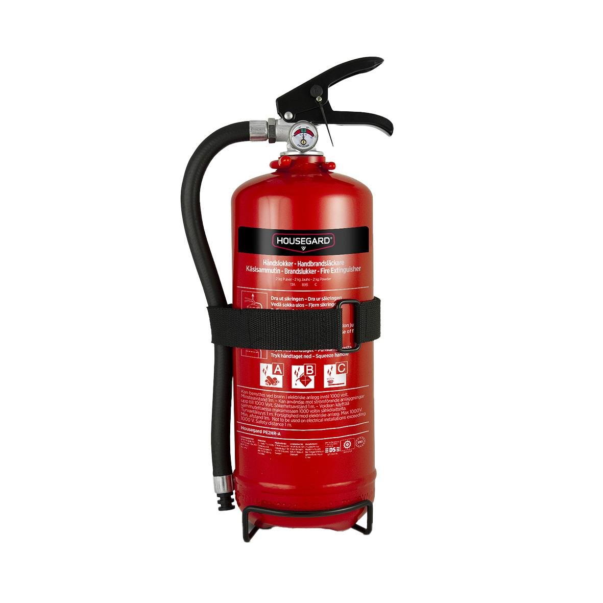 Röd brandsläckare Housegard Pulver 2kg med handtag och slang