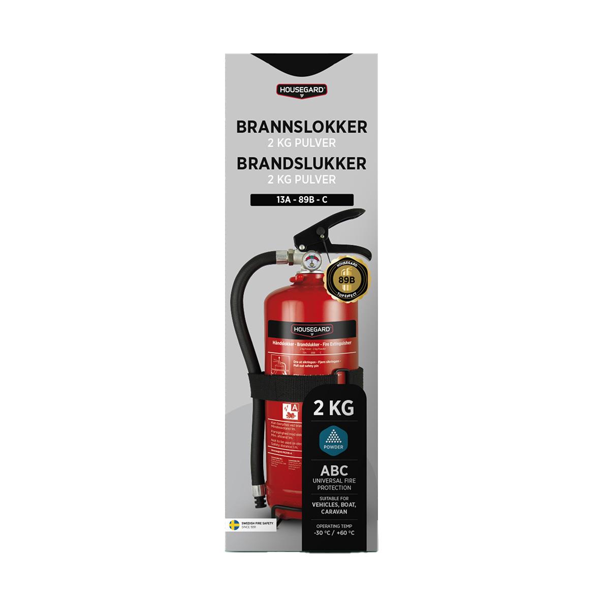 Röd brandsläckare Housegard Pulver 2kg med tryckknapp och slang