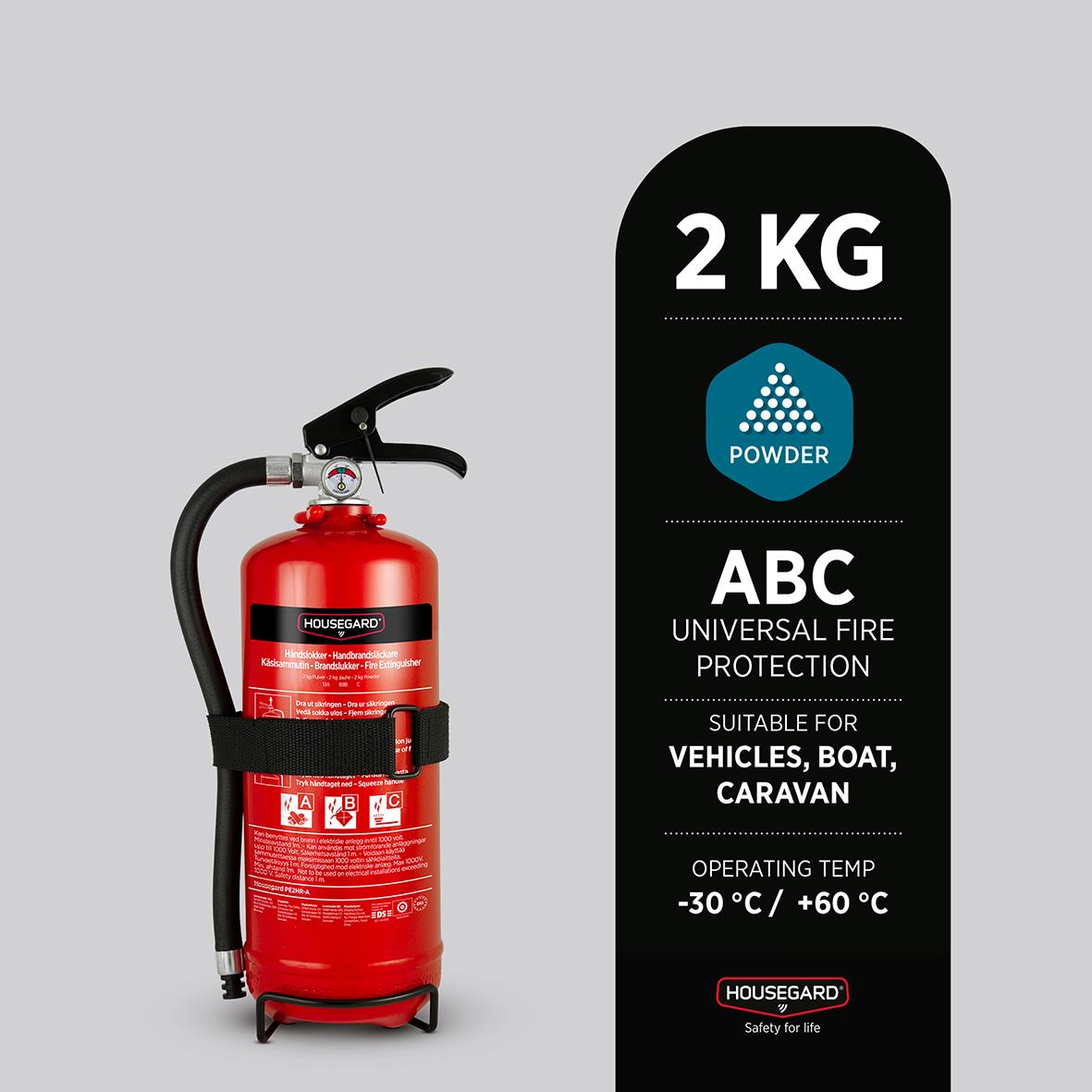 Röd pulverbrandsläckare Housegard 2kg med handtag och tryckmätare