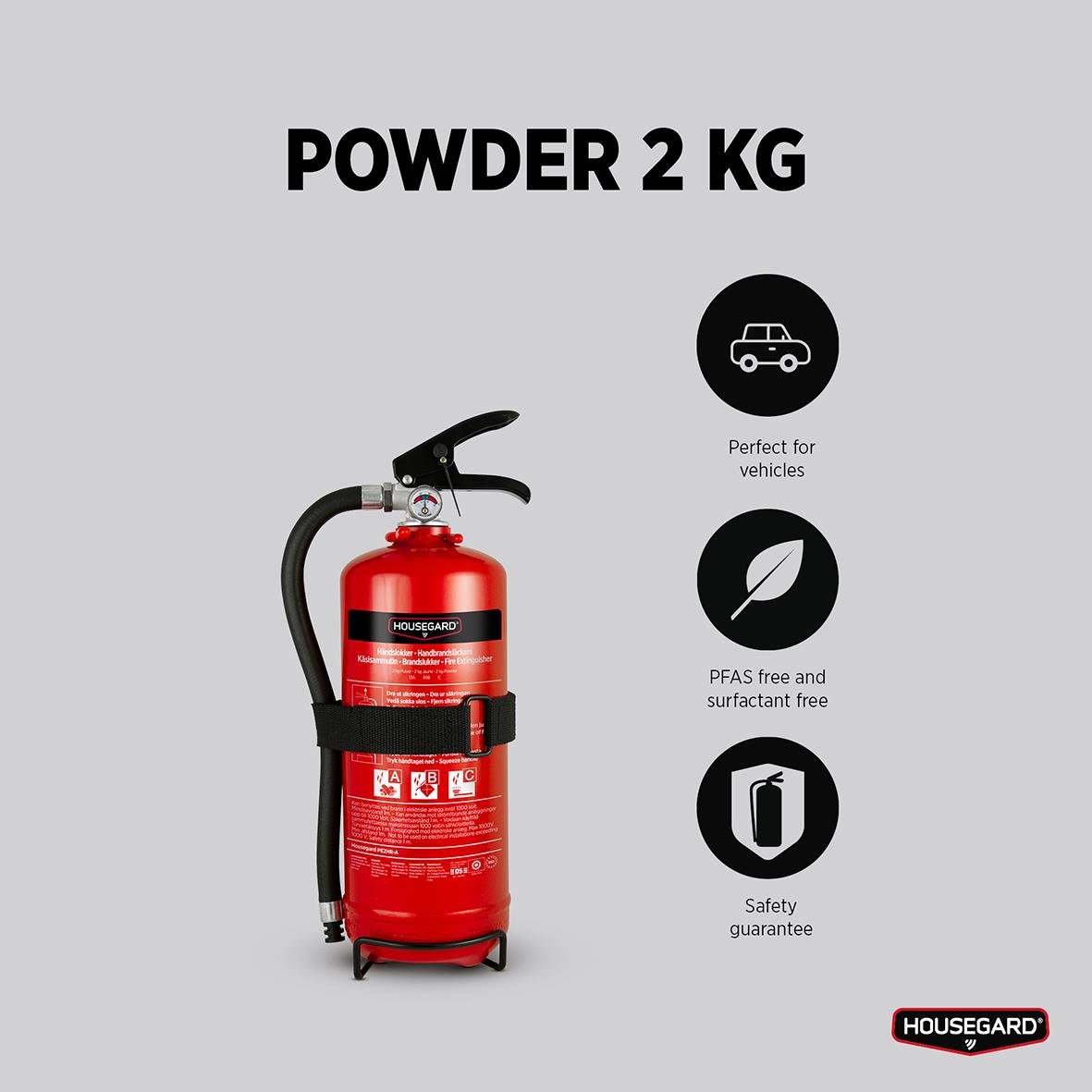 Röd brandsläckare Housegard Pulver 2kg för fordon, PFAS-fri och säker