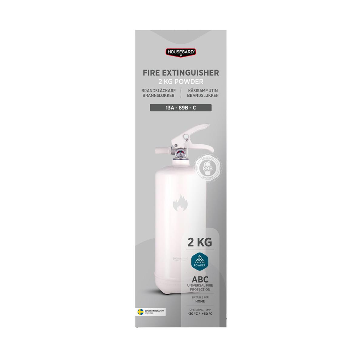 Vit brandsläckare Housegard Pulver 2kg med handtag och tryckknapp