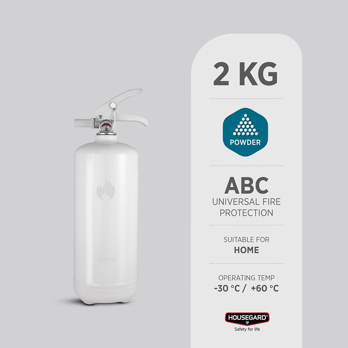 Vit brandsläckare Housegard Pulver 2kg för hem, fungerar vid -30°C till +60°C