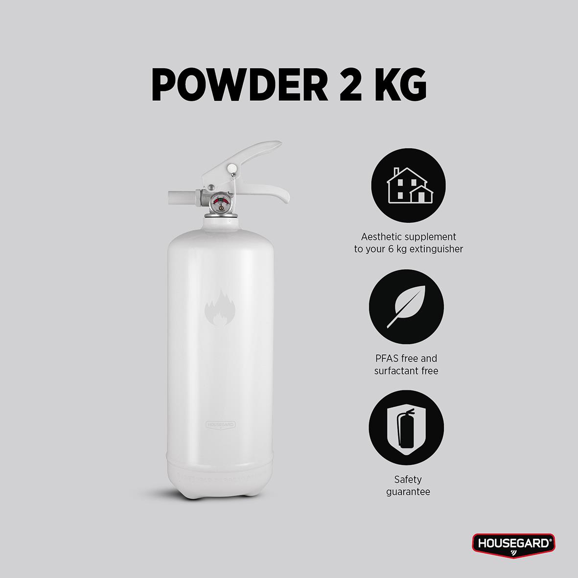 Vit pulverbrandsläckare Housegard 2kg med handtag och tryckknapp