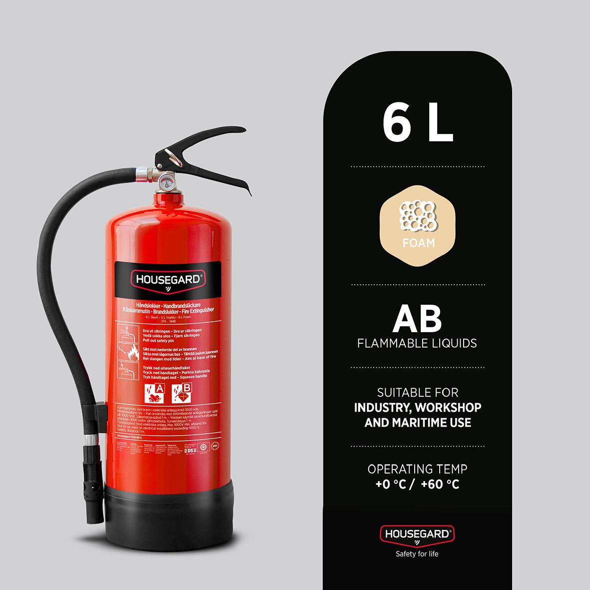 Röd brandsläckare Housegard Skum PFAS-fri 6L med handtag och tryckknapp