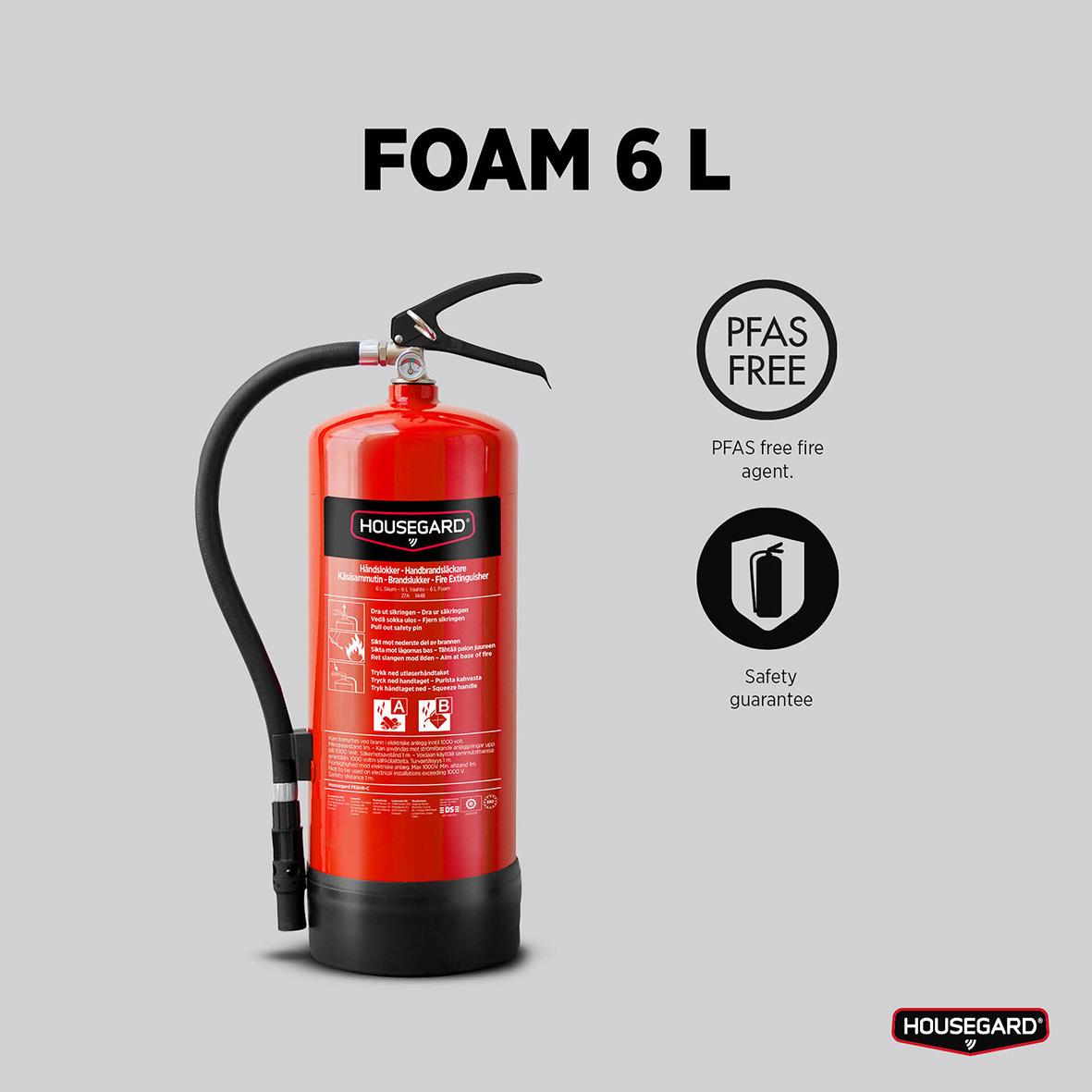 Röd brandsläckare Housegard Skum PFAS-fri 6L med säkerhetsgaranti och PFAS-fritt märkning