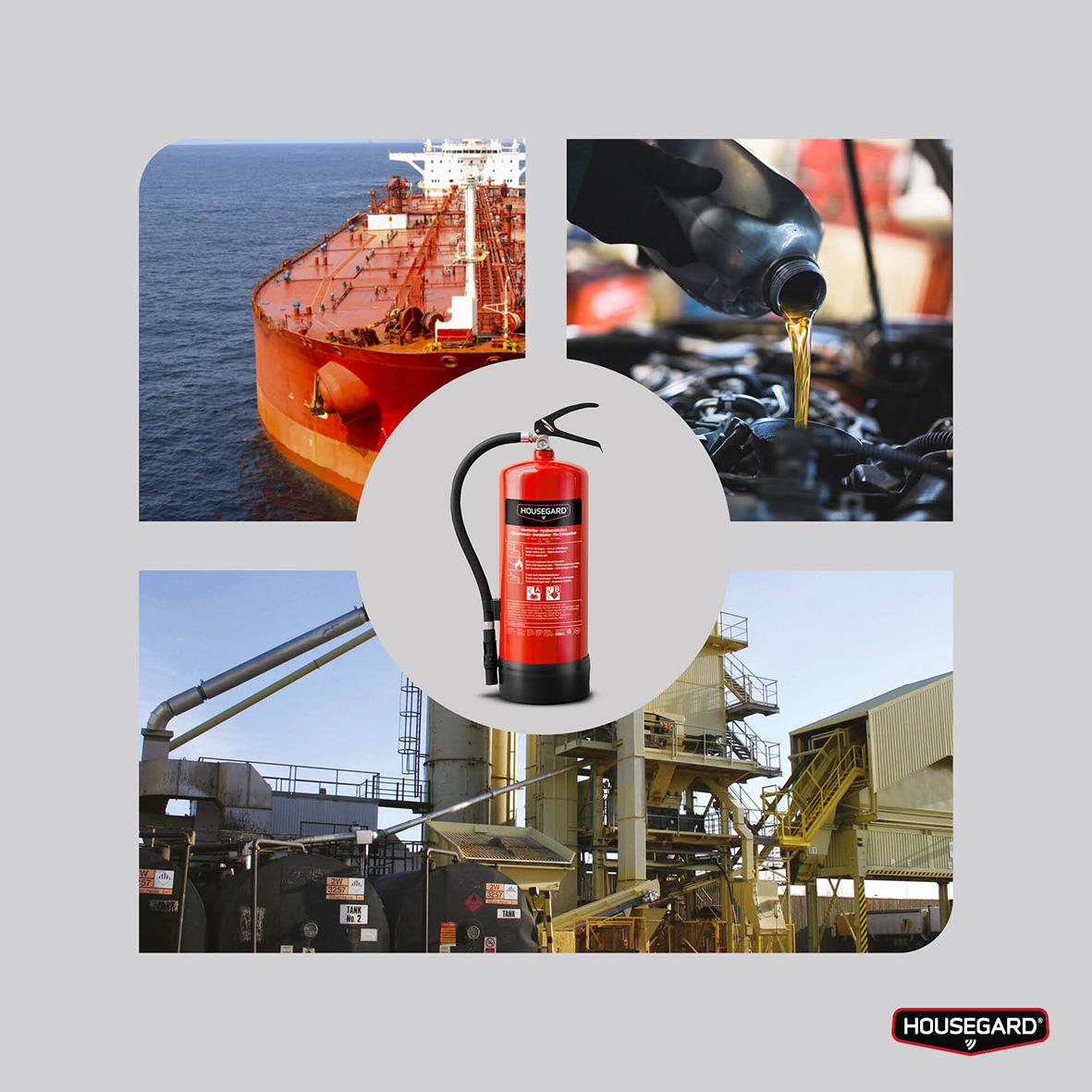 Brandsläckare Housegard Skum PFAS-fri 27A 144B Röd 6L omgiven av bilder av ett fartyg, motorolja och en industri