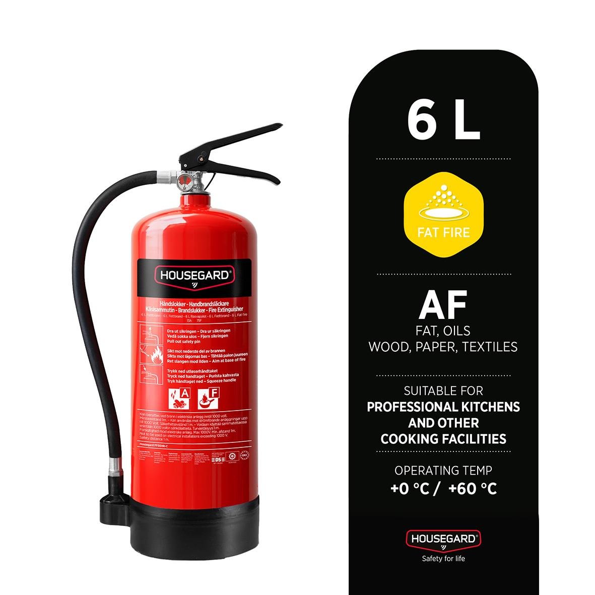 Röd fettbrandsläcksare 6 liter Housegard PFAS-fri för professionella kök och andra matlagningsmiljöer