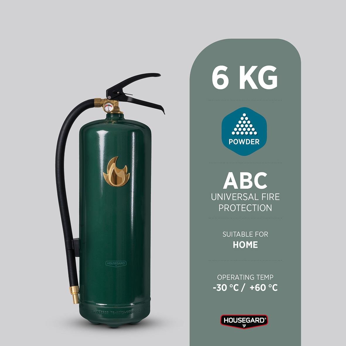 Grön och guld brandsläckare Housegard Pulver 6kg för hem, med ABC-pulver och temperaturtålighet -30°C till +60°C.