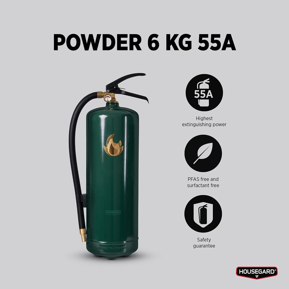 Grön och guld brandsläckare Housegard Pulver 6kg med handtag och tryckknapp
