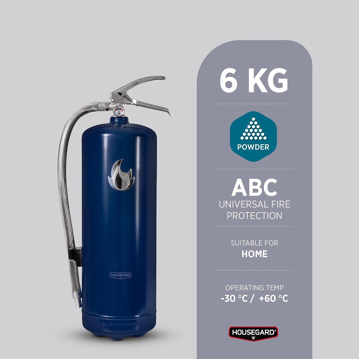 Blå och silver brandsläckare Housegard Pulver 6kg för hem, fungerar vid temperaturer -30°C till +60°C