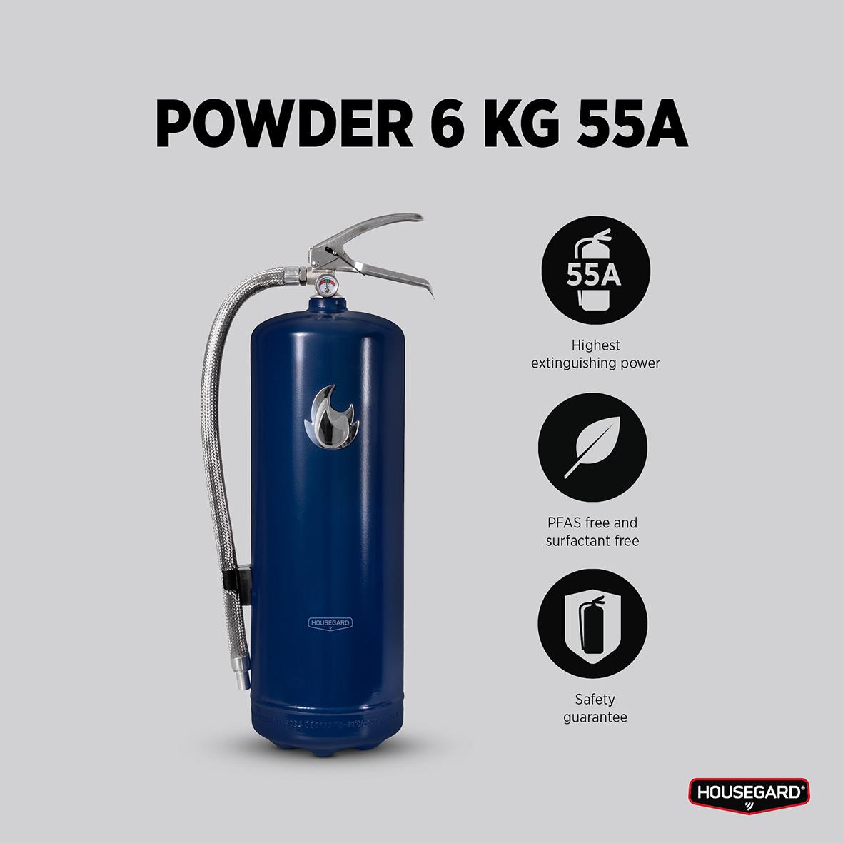 Blå pulverbrandsläckare Housegard 6kg med silverdetaljer och handtag