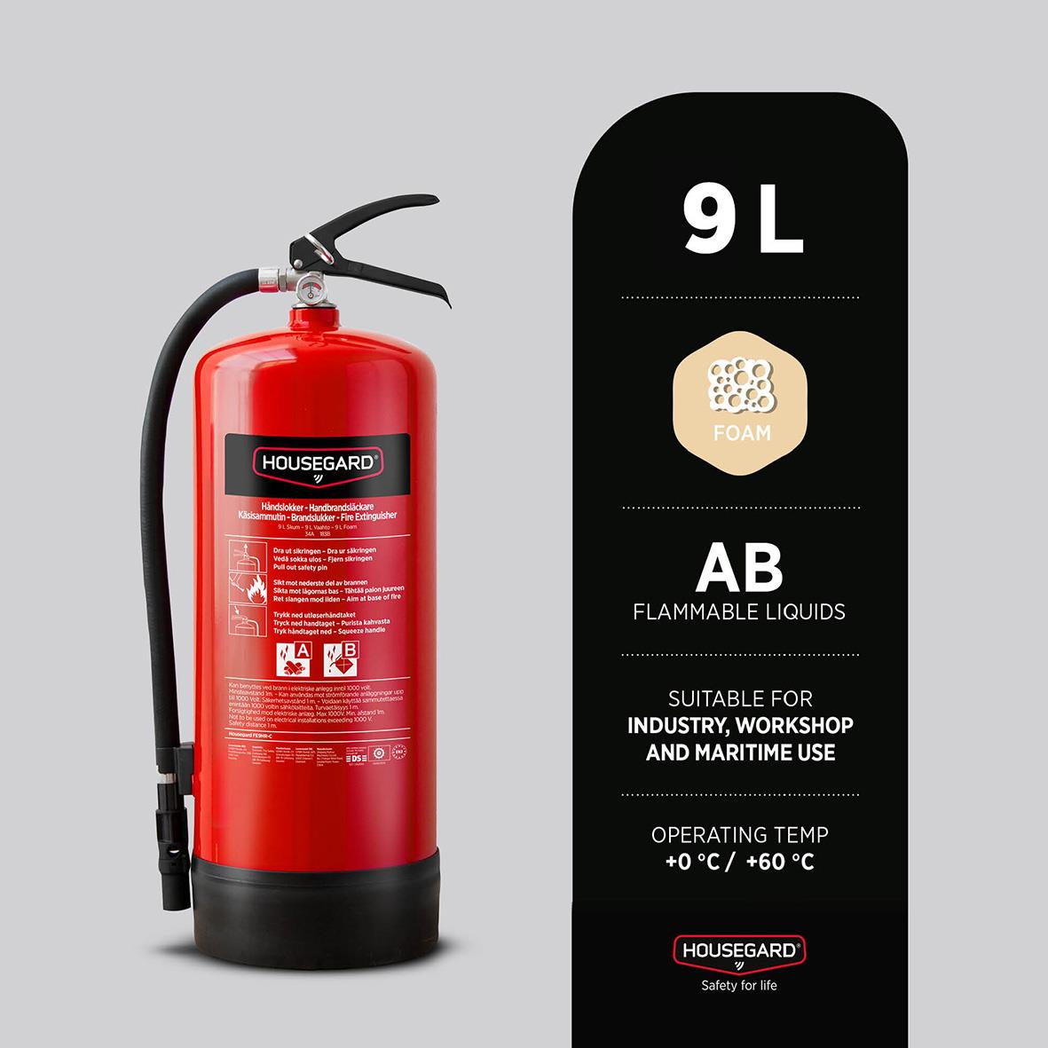 Röd brandsläckare Housegard Skum PFAS-fri 34A 183B 9L