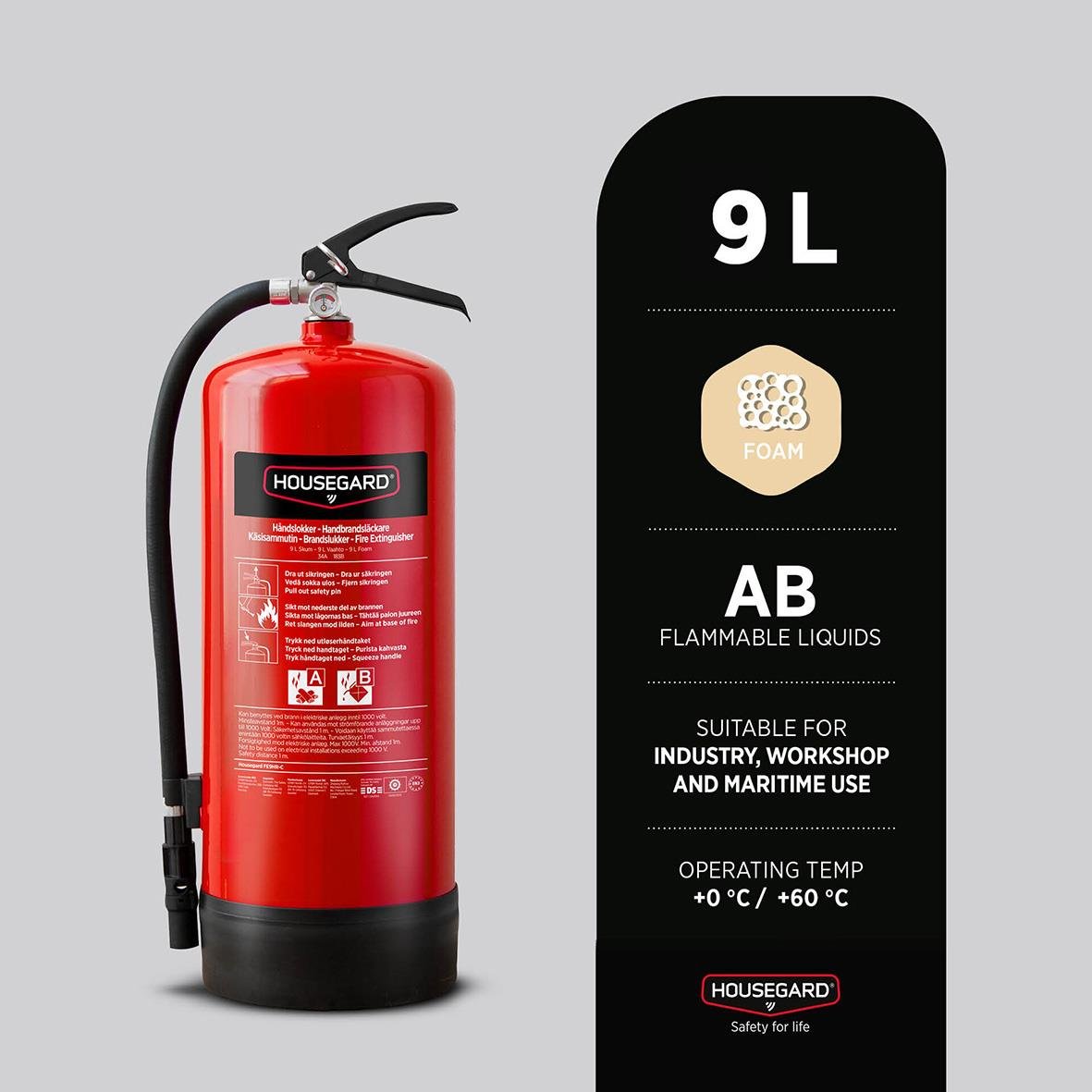 Röd brandsläckare Housegard Skum PFAS-fri 34A 183B 9L