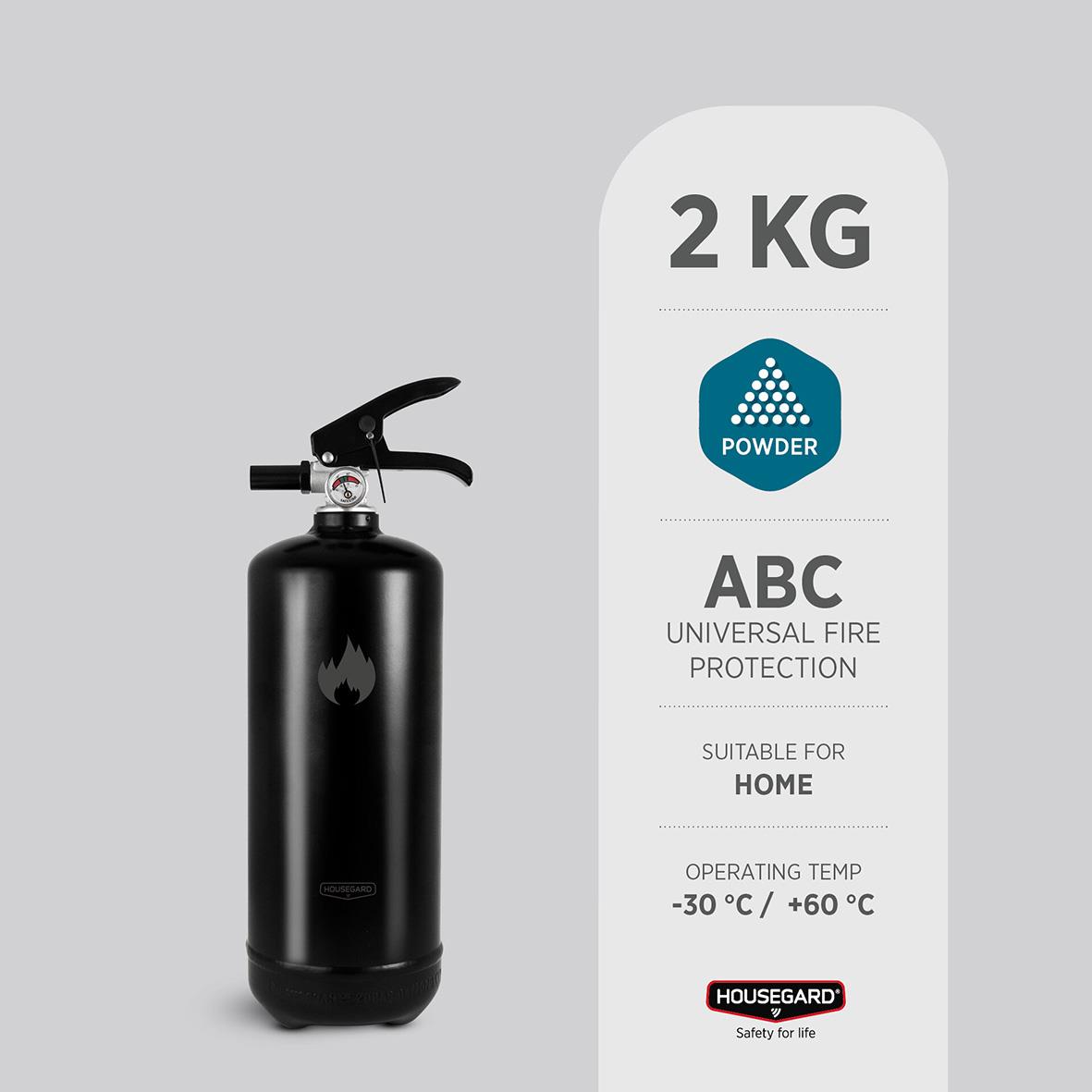 Svart pulverbrandsläckare Housegard 2kg med handtag och tryckknapp, för hemmet