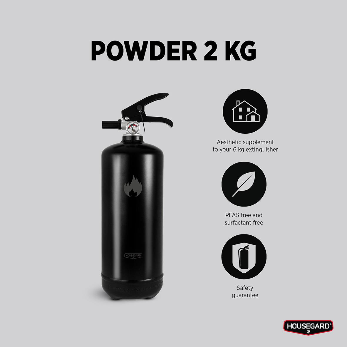 Svart brandsläckare Housegard Pulver 2kg med handtag och symbol för brand