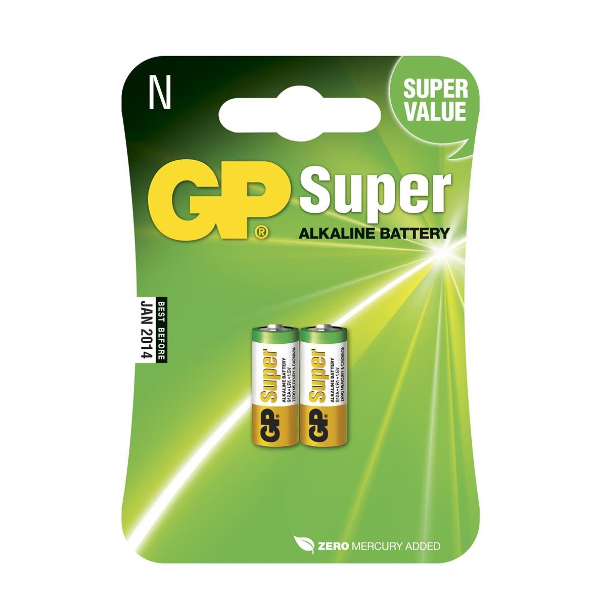 Batteri GP Super Alkaline LR1 i förpackning med grönt bakgrund och två batterier
