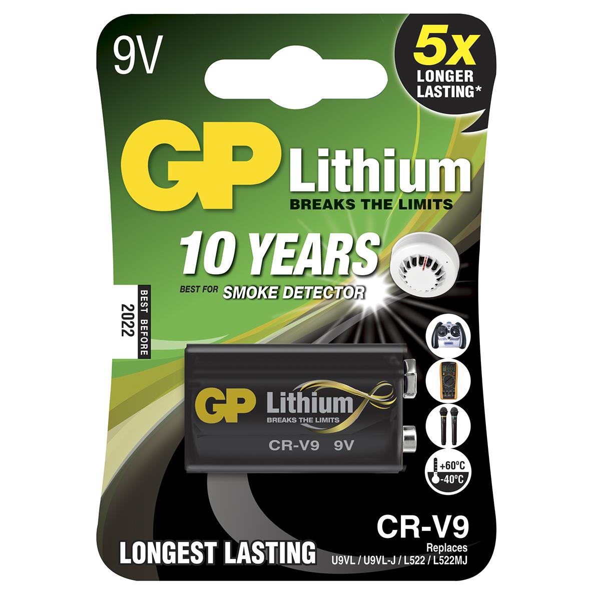GP Lithium 9V batteri för rökdetektorer med 10 års livslängd och lång hållbarhet