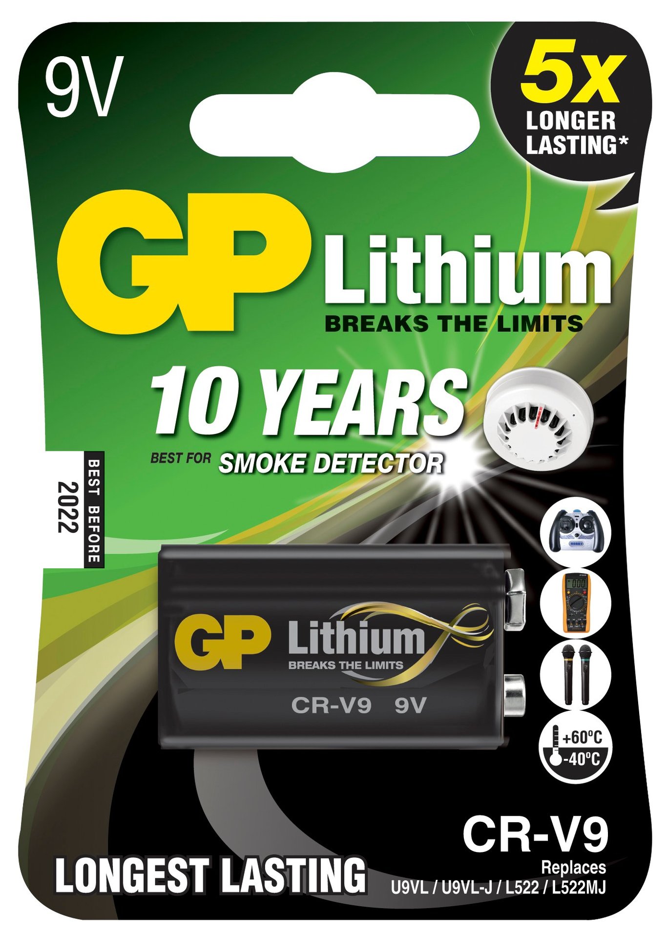 GP Lithium 9V batteri för rökdetektorer med 10 års livslängd och lång hållbarhet