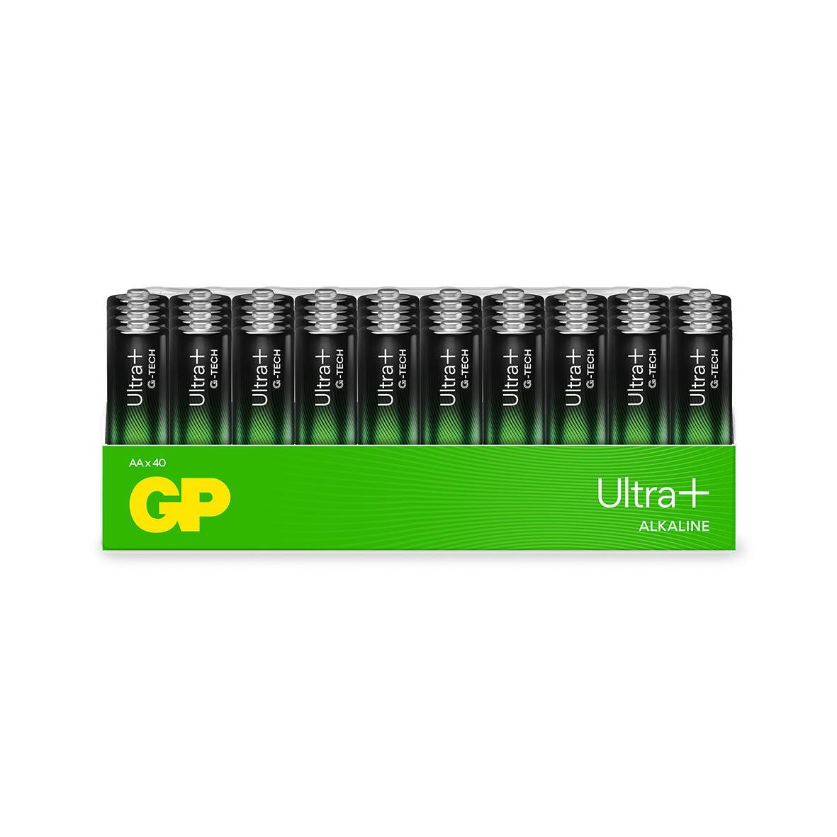 Batterier GP Ultra Plus LR6 AA i en grön förpackning med flera batterier