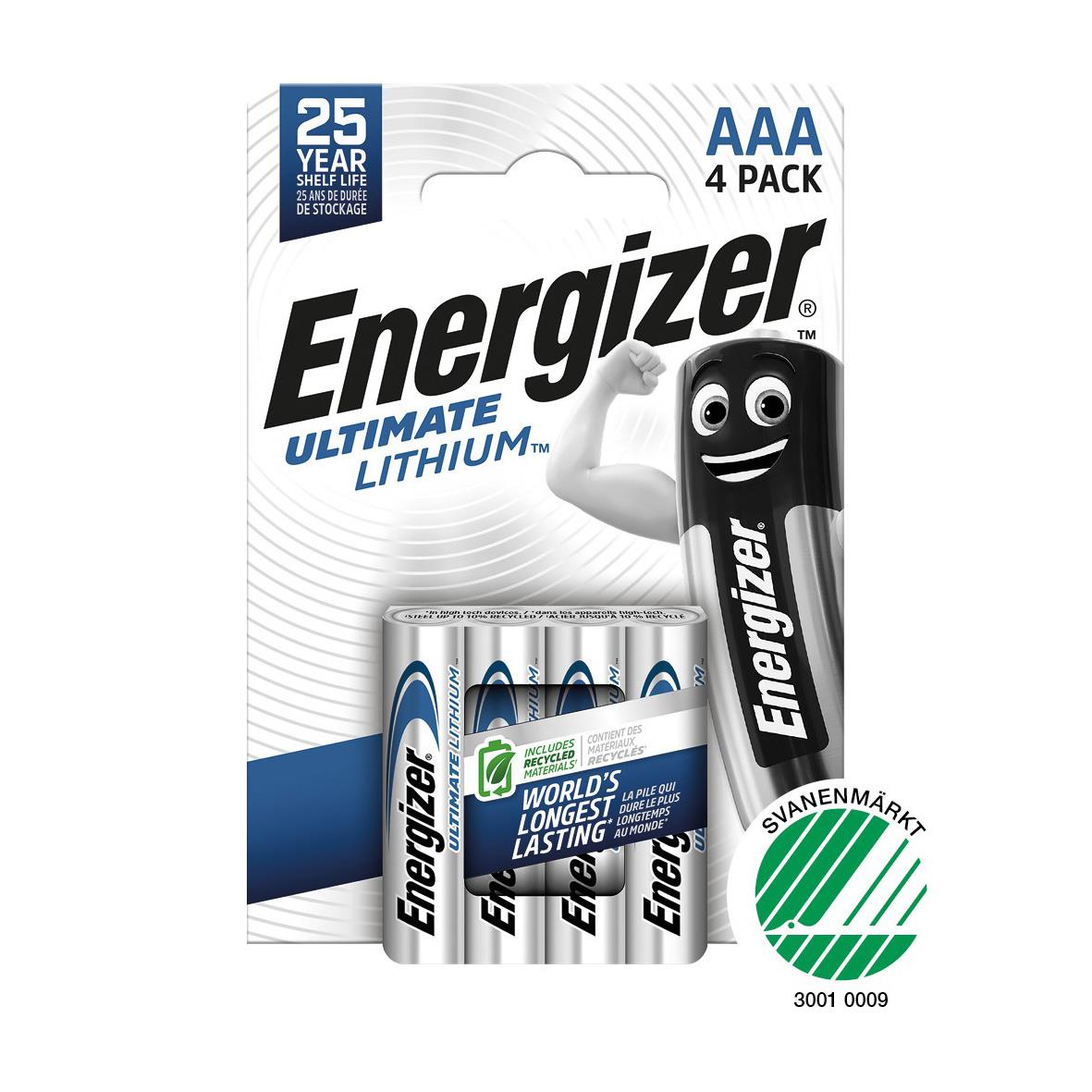 Batteri Energizer Ultimate Lithium LR03 AAA i 4-pack med 25 års hållbarhet och världens längsta livslängd