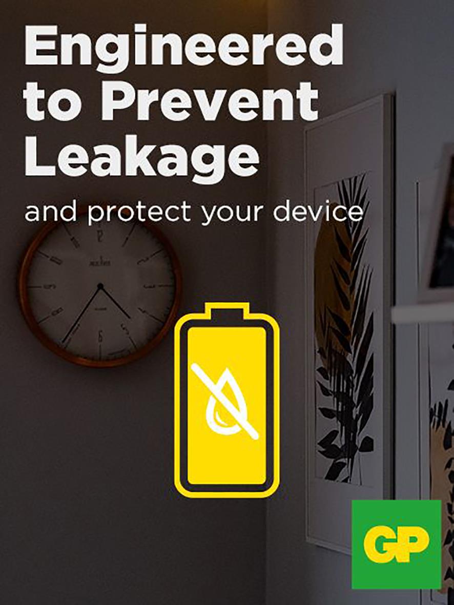 Batteri GP Super Alkaline 6LR61 9V med varningssymbol för att förhindra läckage och skydda enheten