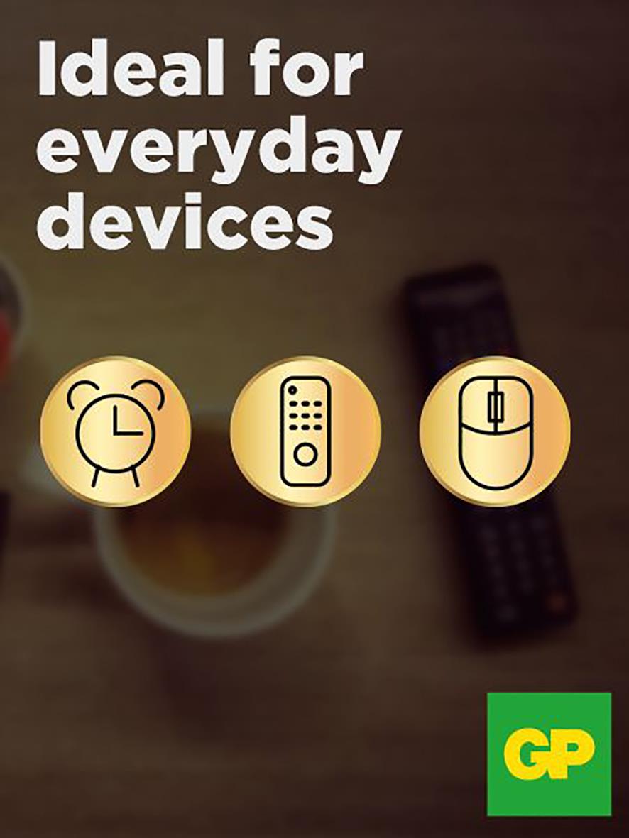 Batteri GP Super Alkaline 6LR61 9V för vardagsenheter, med ikoner för väckarklocka, TV och mus