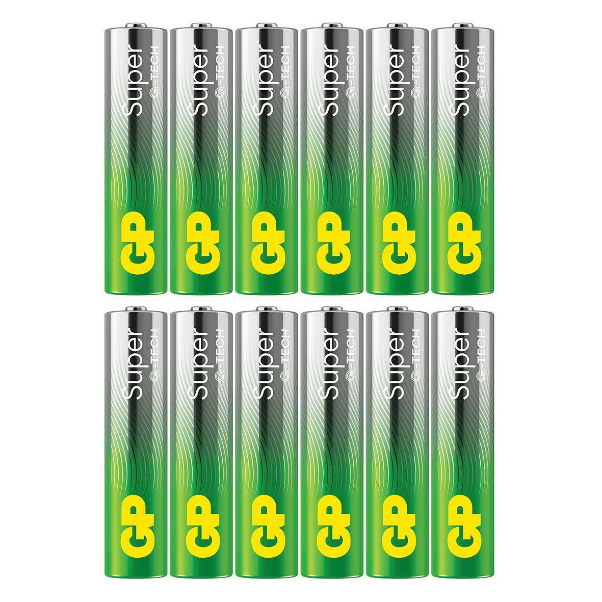 Pack med tio GP Super G-Tech Alkaline LR03 AAA batterier i grönt och silverfärgat förvaringsfack