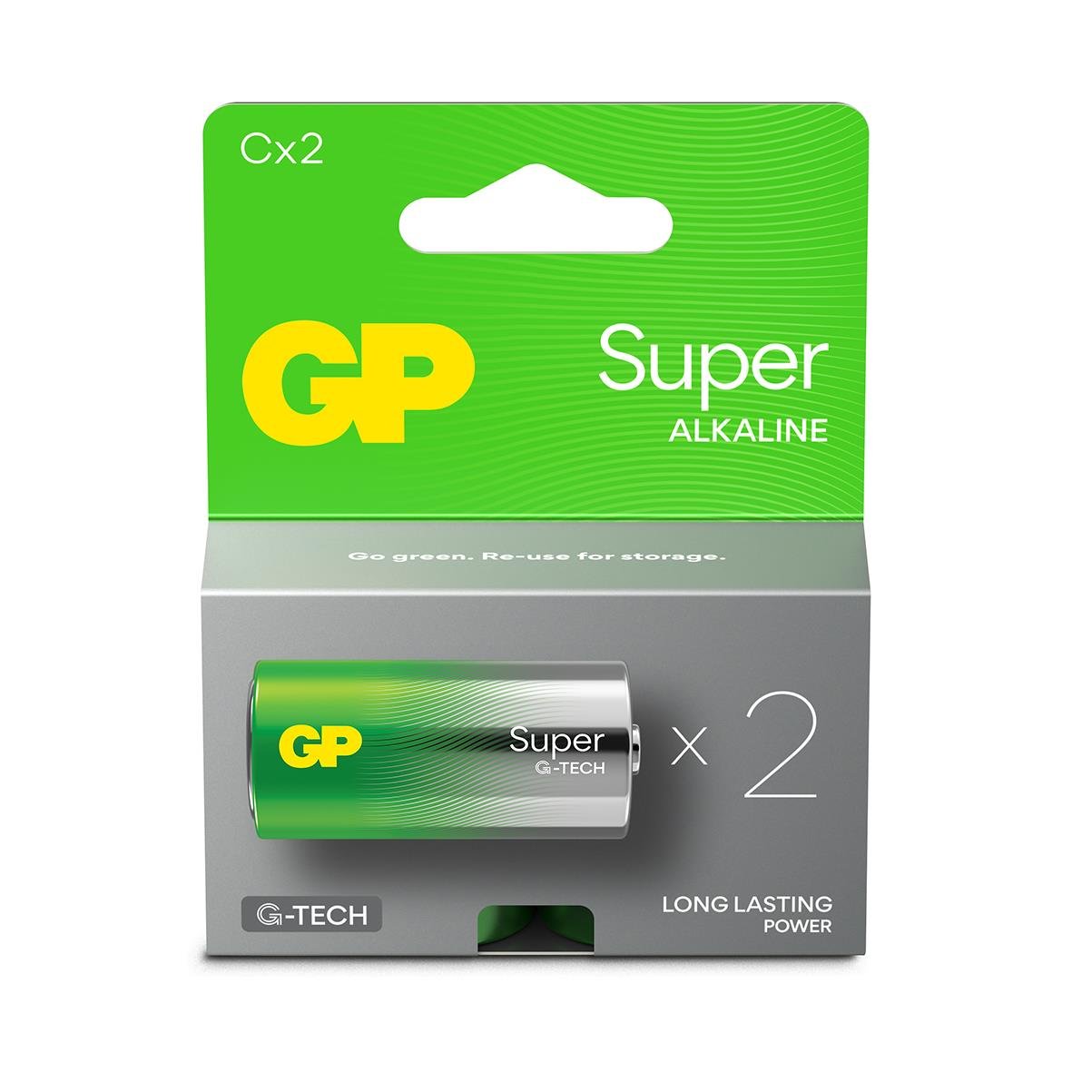 Två GP Super G-Tech alkaliska batterier LR14/C i förpackning