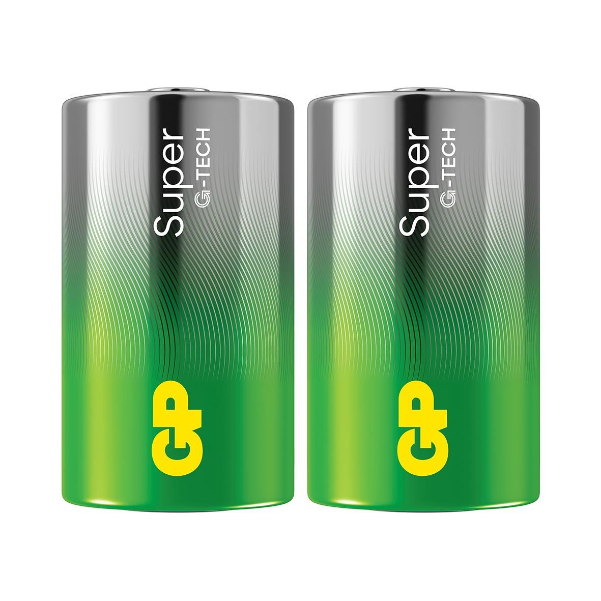 Två batterier GP Super G-Tech Alkaline LR20/D med gröna och silverfärgade etiketter
