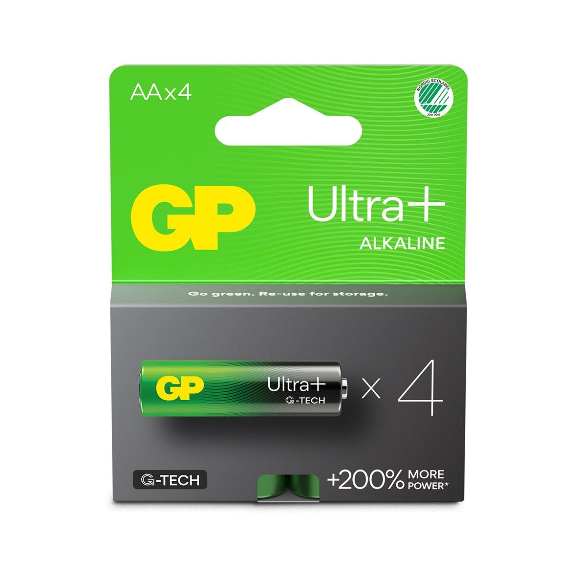 Batteri GP Ultra+ G-Tech Alkaline LR6 AA i förpackning med fyra batterier och grönt och svart design