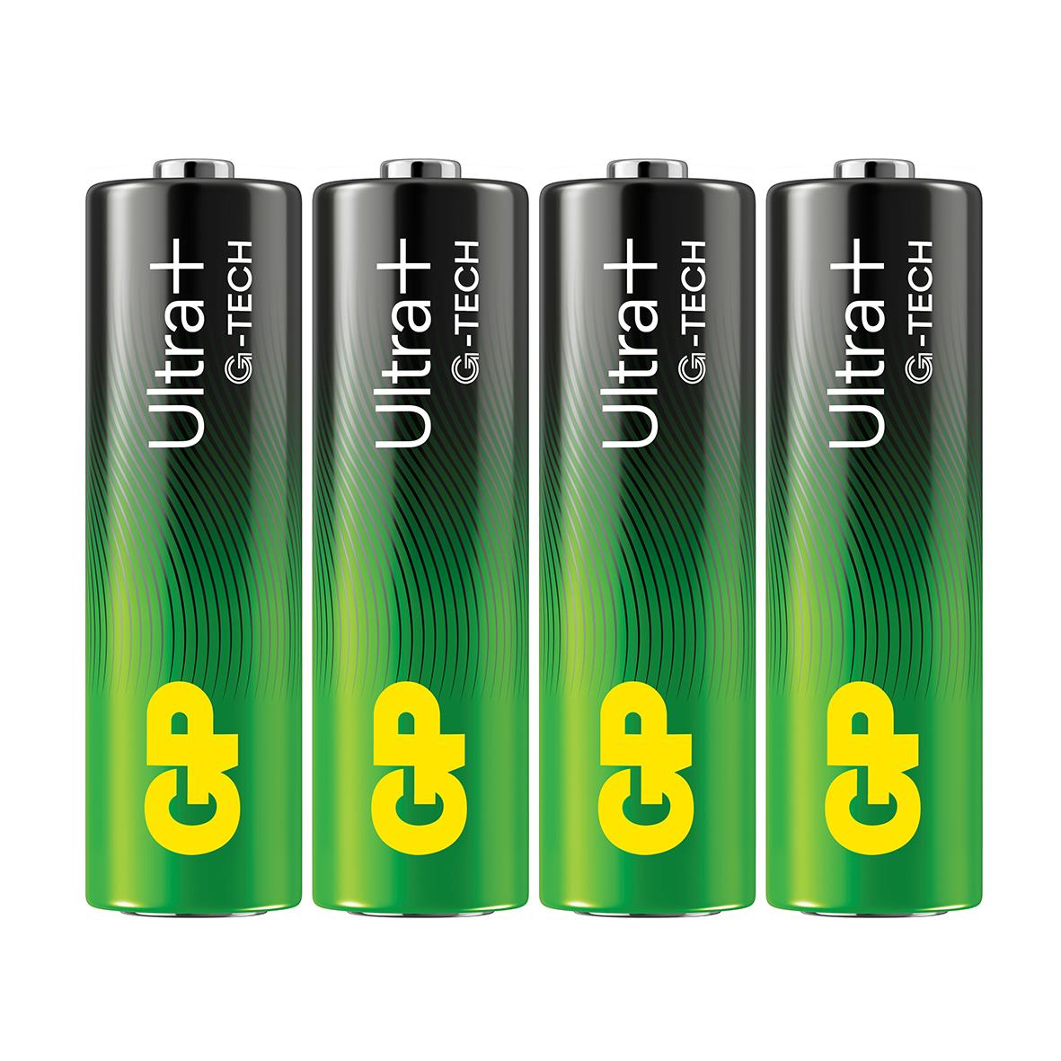 Fyra batterier: GP Ultra+ och G-Tech Alkaline LR6 AA i svart och grönt design