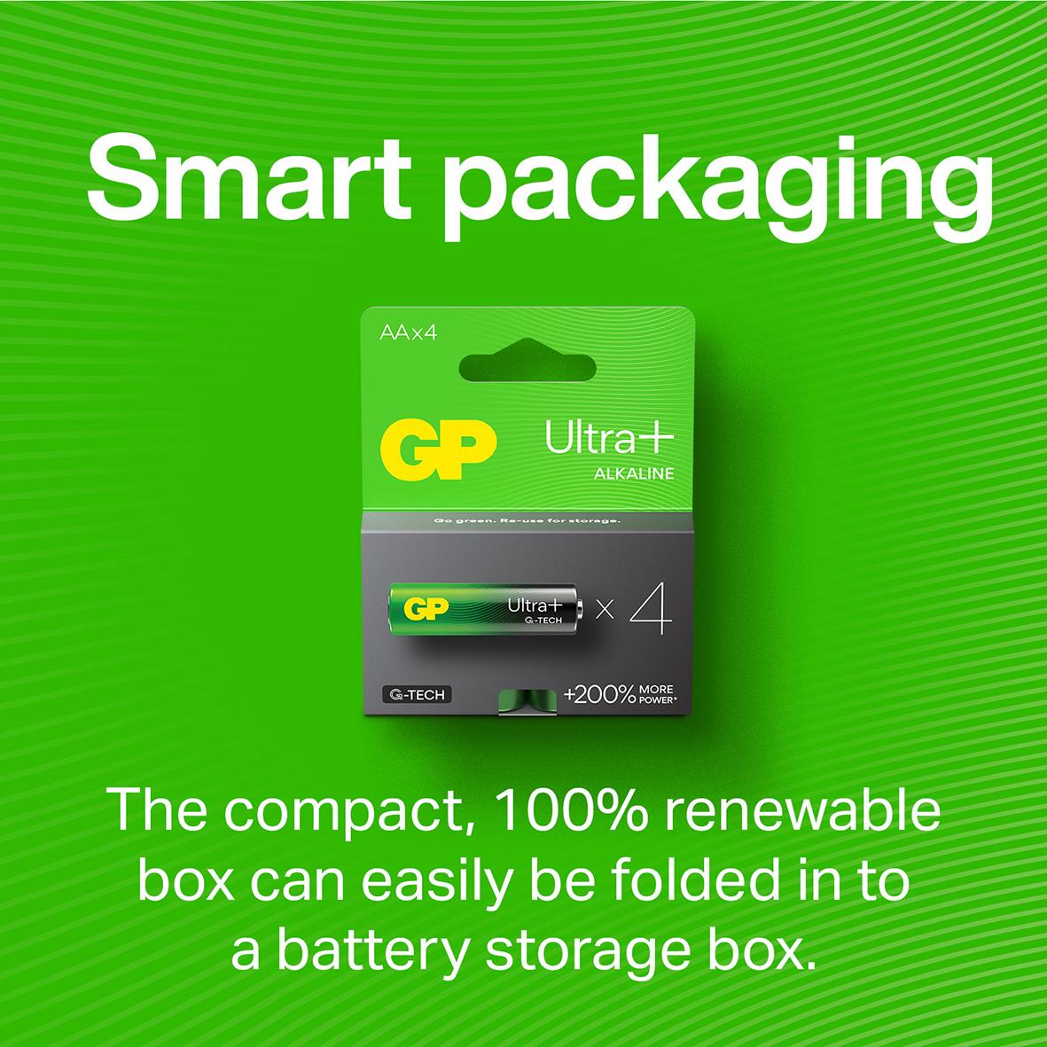 Batteri GP Ultra+ och G-Tech Alkaline LR6 AA i smart, återvinningsbar förpackning som kan vikas för förvaring