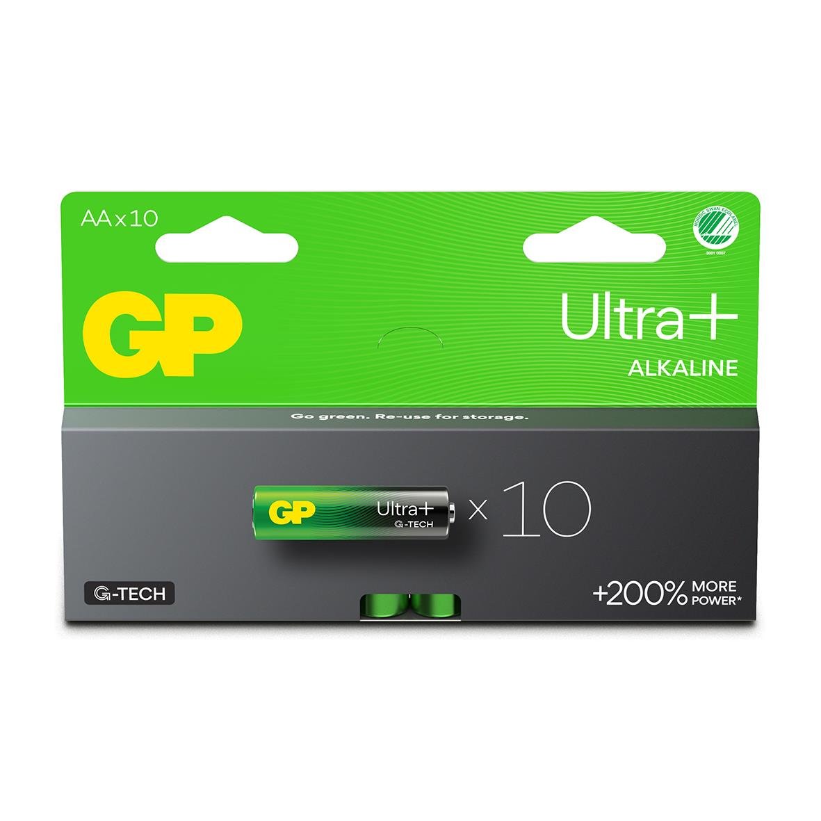 Batteri GP Ultra+ G-Tech Alkaline LR6 AA förpackning med 10 batterier i grönt och svart design