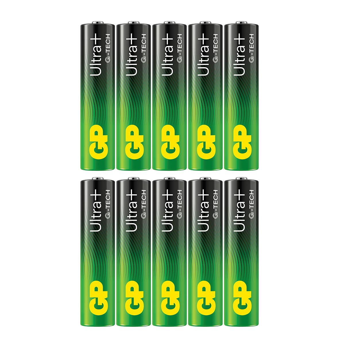 Pack med åtta GP Ultra + G-Tech Alkaline LR03 AAA-batterier i två rader
