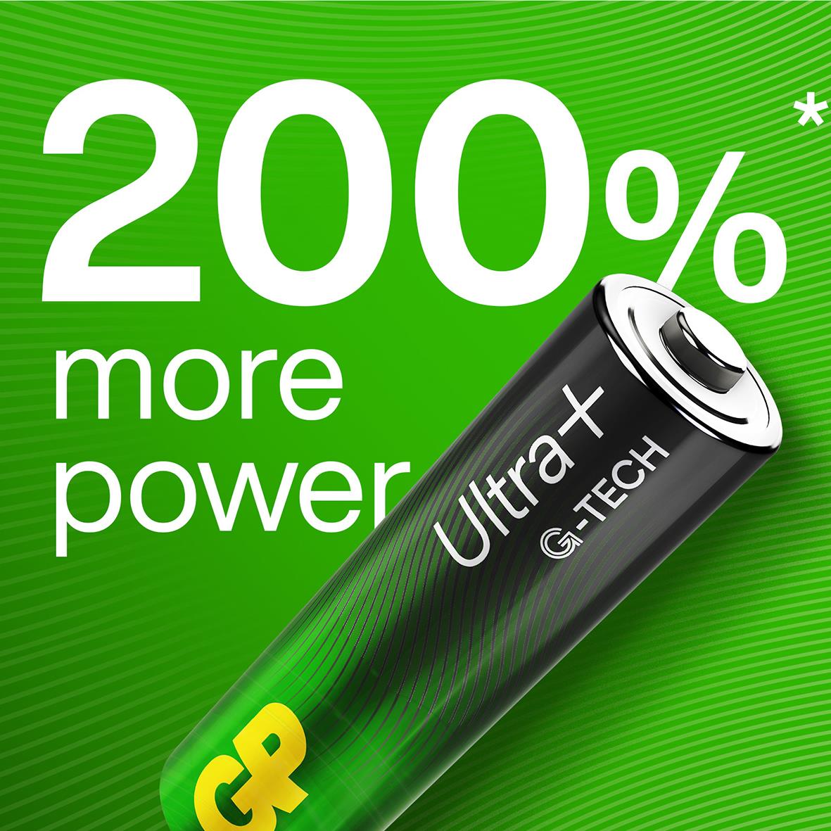 Batteri GP Ultra+ och G-Tech Alkaline LR03 AAA med 200% mer kraft på en grön bakgrund