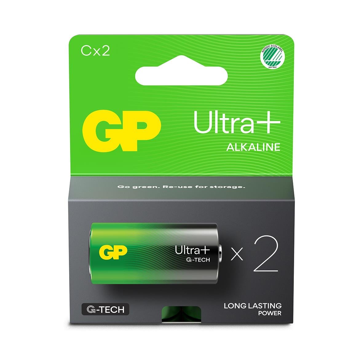 Batteri GP Ultra+ G-Tech Alkaline LR14/C i förpackning med två batterier på grön bakgrund