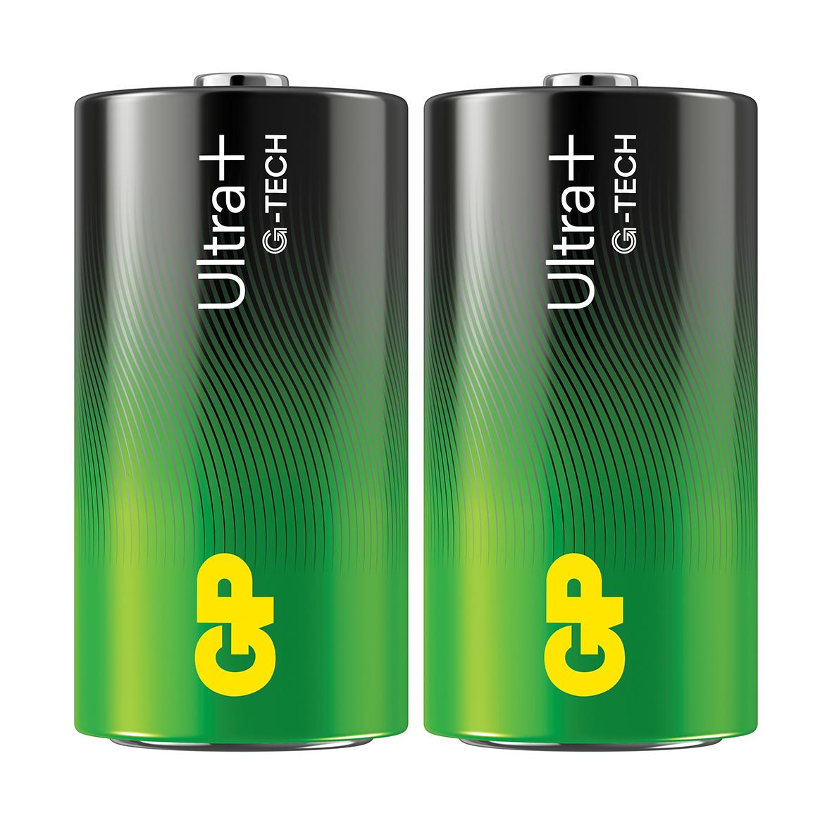 Två batterier GP Ultra+ G-Tech Alkaline LR14/C i svart och grönt design