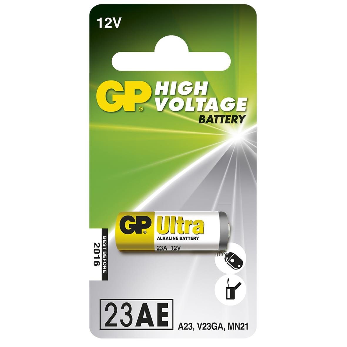 GP högvoltsbatteri 12V, modell 23AE, förpackning med batteri och symboler för batteribyte och användning