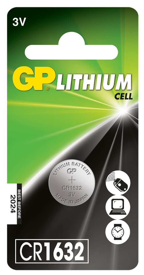 GP Lithium knappladdning CR-1632L 3V batteri i förpackning med grönt och svart design