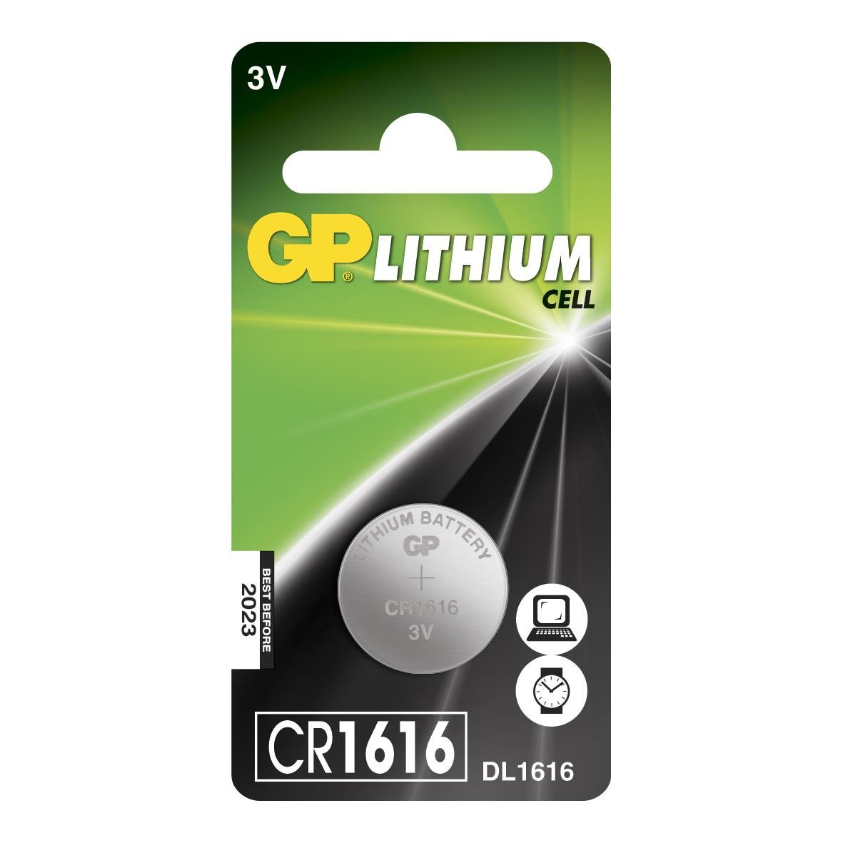 GP Lithium knappladdningbatteri CR1616 3V 35mAh i grönt och svart för små enheter