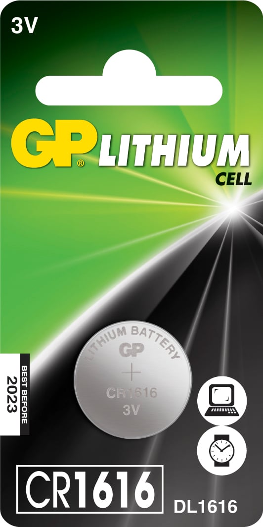 GP Lithium knappladdningbatteri CR1616 3V 35mAh i grönt och svart för små enheter